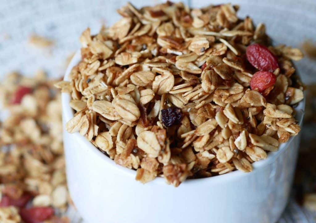 High Fibre Diet for Weight Loss: Why Fibre Keeps You Full 31 A white bowl filled with granola, showcasing a mix of oats, nuts, and dried fruits.
