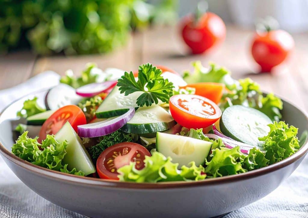 Healthy Dinners for Weight Loss: Easy Weeknight Ideas 40 A bowl of fresh salad featuring tomatoes, cucumbers, onions, and a variety of other colourful vegetables.
