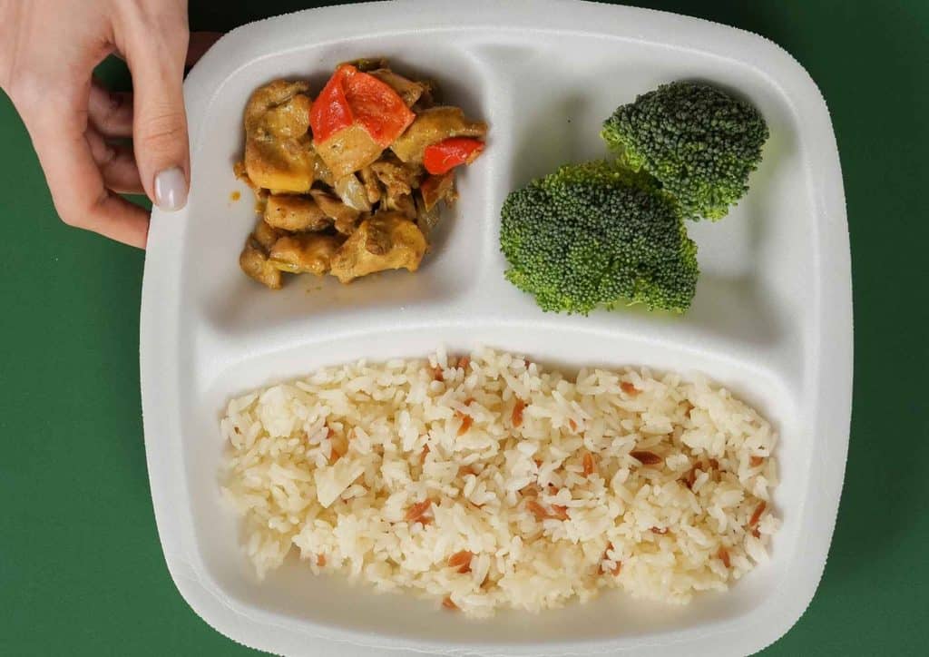 Easy Meals for Weight Loss When You're Short on Time 29 A person holding a plate filled with rice, broccoli, and grilled chicken, showcasing a balanced meal.