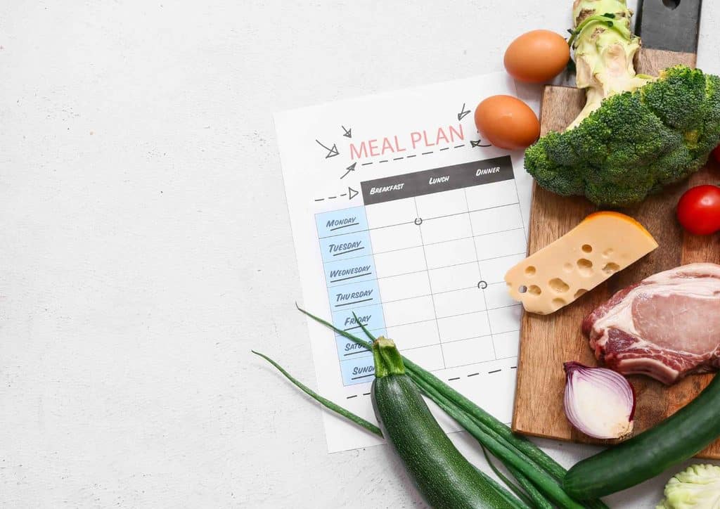 Healthy Meal Plans for Weight Loss: How to Build One That Lasts 34 Fresh vegetables, fruits, and a meal plan are arranged on a cutting board, promoting a healthy lifestyle and meal preparation.