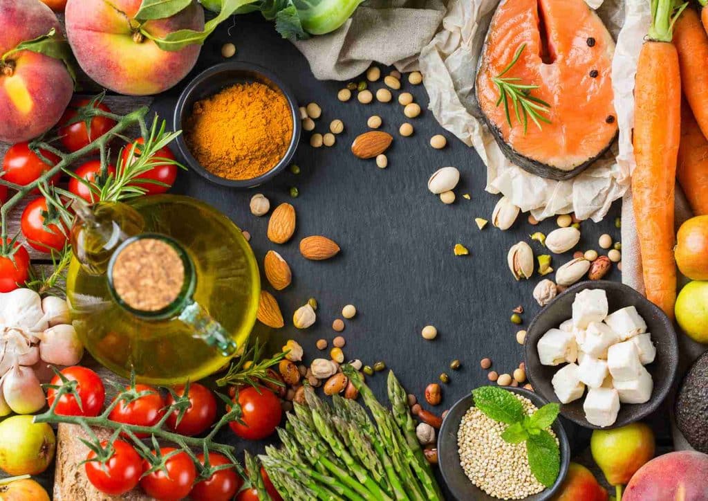 Is the Mediterranean Diet Good for Weight Loss? 4 A circular arrangement of various healthy foods, including fruits, vegetables, nuts, and grains, promoting nutritious eating.