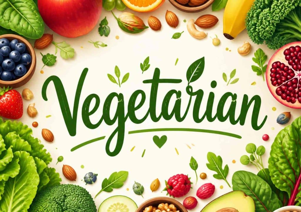 Vegetarian Diet for Weight Loss: How to Get It Right 31 An array of fresh vegetables and vegetarian dishes, featuring the word "vegetarian" in vibrant green text.
