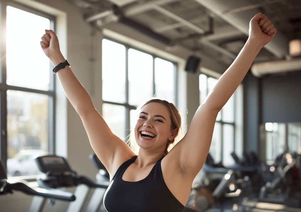 Healthy Snacks for Weight Loss That Actually Keep You Full 17 A woman in a gym raises her arms triumphantly, showcasing strength and determination during her workout.