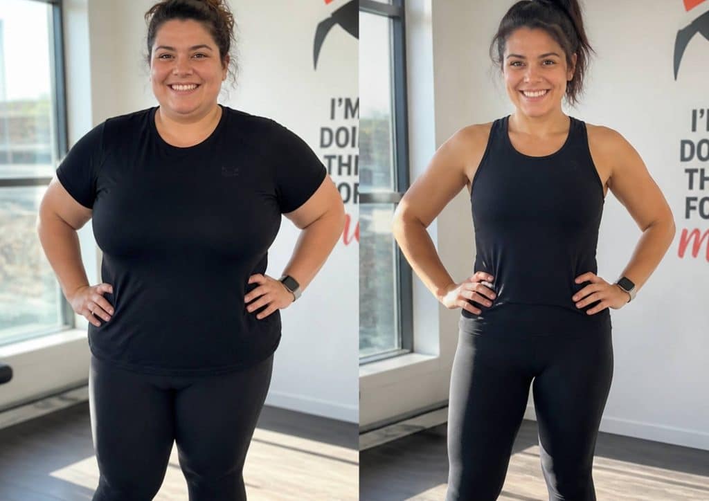 Vegetarian Diet for Weight Loss: How to Get It Right 4 Two women in black tops and leggings stand side by side, smiling at the camera in a casual setting.