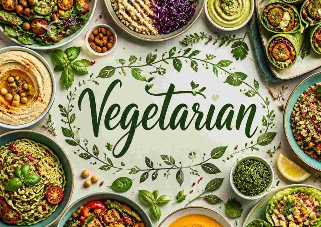 Vegetarian Diet for Weight Loss: How to Get It Right 51 A circular arrangement of vegetarian dishes with the word "vegetarian" prominently displayed in the centre.