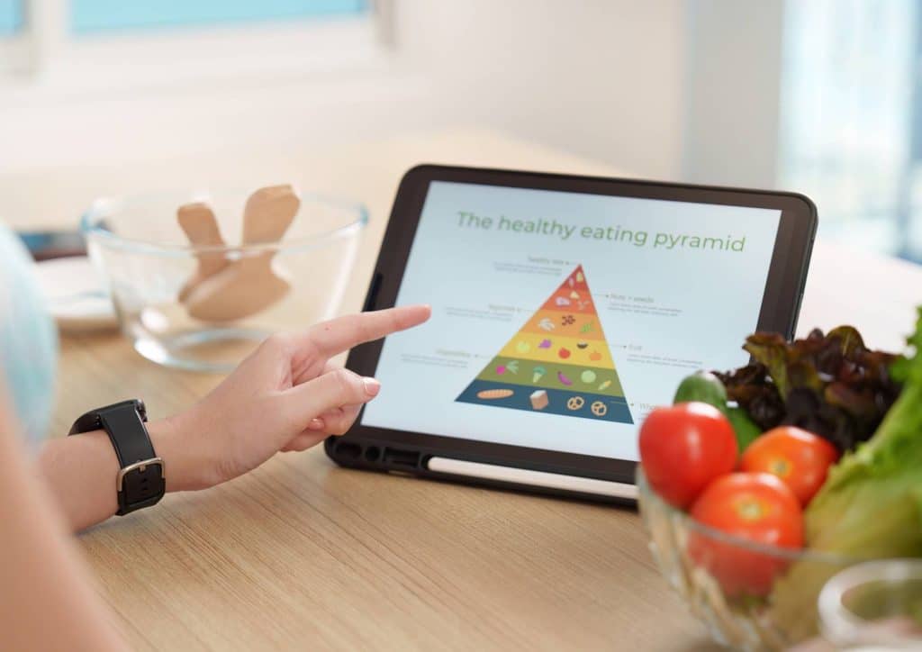 What Is a Balanced Diet for Weight Loss? 22 A person points at a tablet displaying a healthy diet pyramid, illustrating balanced food groups and nutrition guidelines.