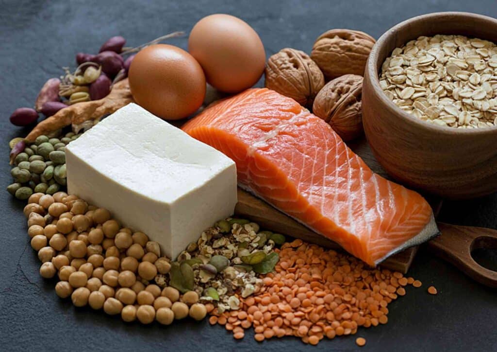 Postpartum Weight Loss: A Gentle, Realistic Guide 17 A variety of heart-healthy foods including fruits, vegetables, whole grains, and nuts displayed on a wooden table.