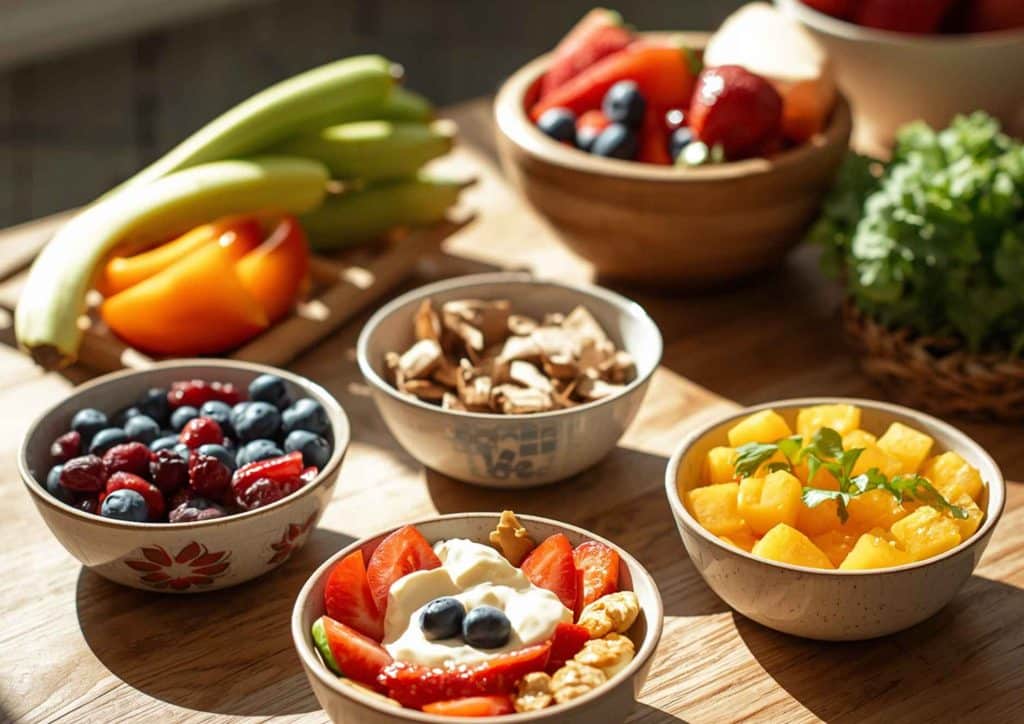 Healthy Snacks for Weight Loss That Actually Keep You Full 12 A table displaying an assortment of bowls filled with various fruits and vegetables.