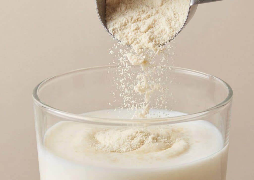 Is Whey Protein Good for Weight Loss? 15 A spoon is pouring milk into a clear glass, showcasing the smooth flow of liquid.