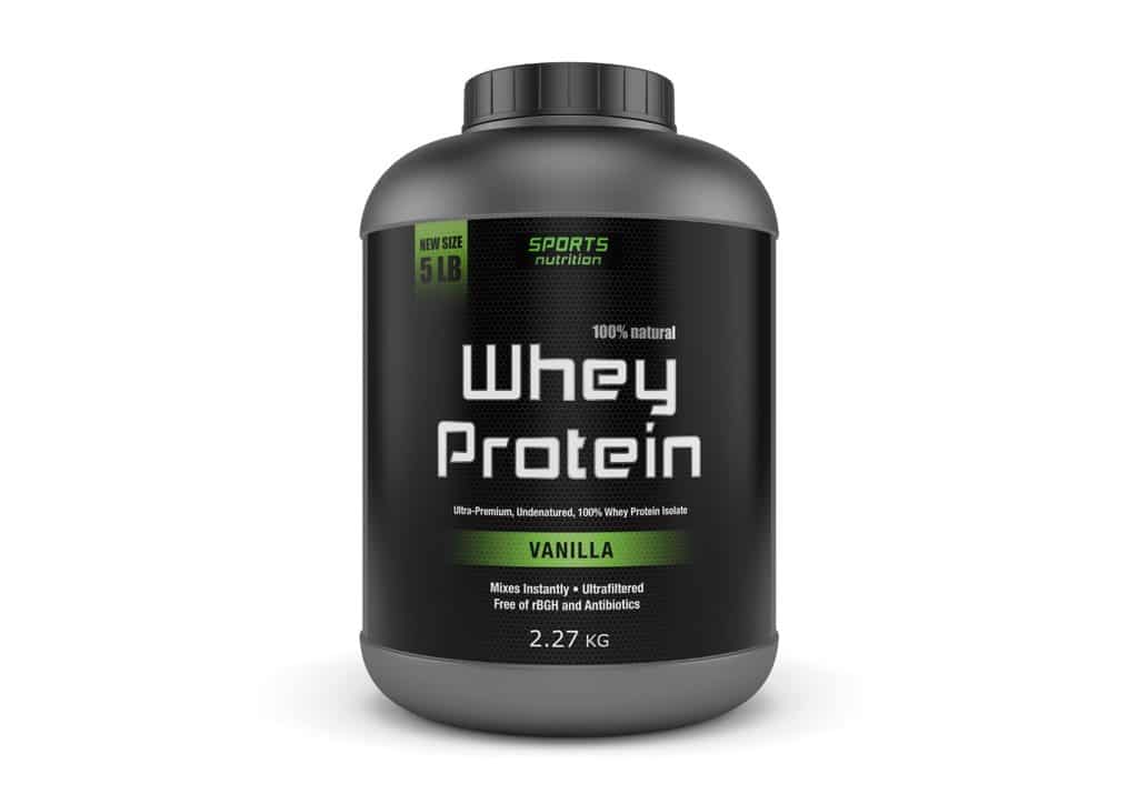 Is Whey Protein Good for Weight Loss? 8 Container of vanilla whey protein powder with a scoop, placed on a wooden surface.